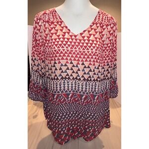 Lucky Brand Womens 1X Red Blue Geometric Triangle V-Neck‎ Keyhole Tunic Boho